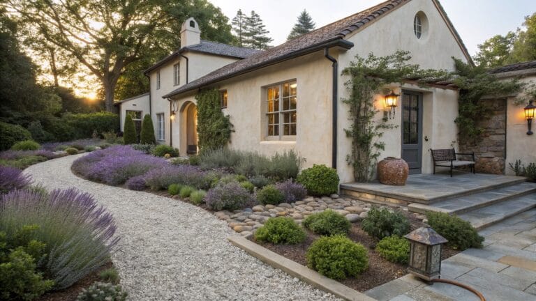 Beige stucco house exterior with ivy-covered walls, a wooden bench under a window, lit lanterns, and a gravel pathway lined by lavender plants, boulders, shrubs, and stepping stones leading toward the entry door.