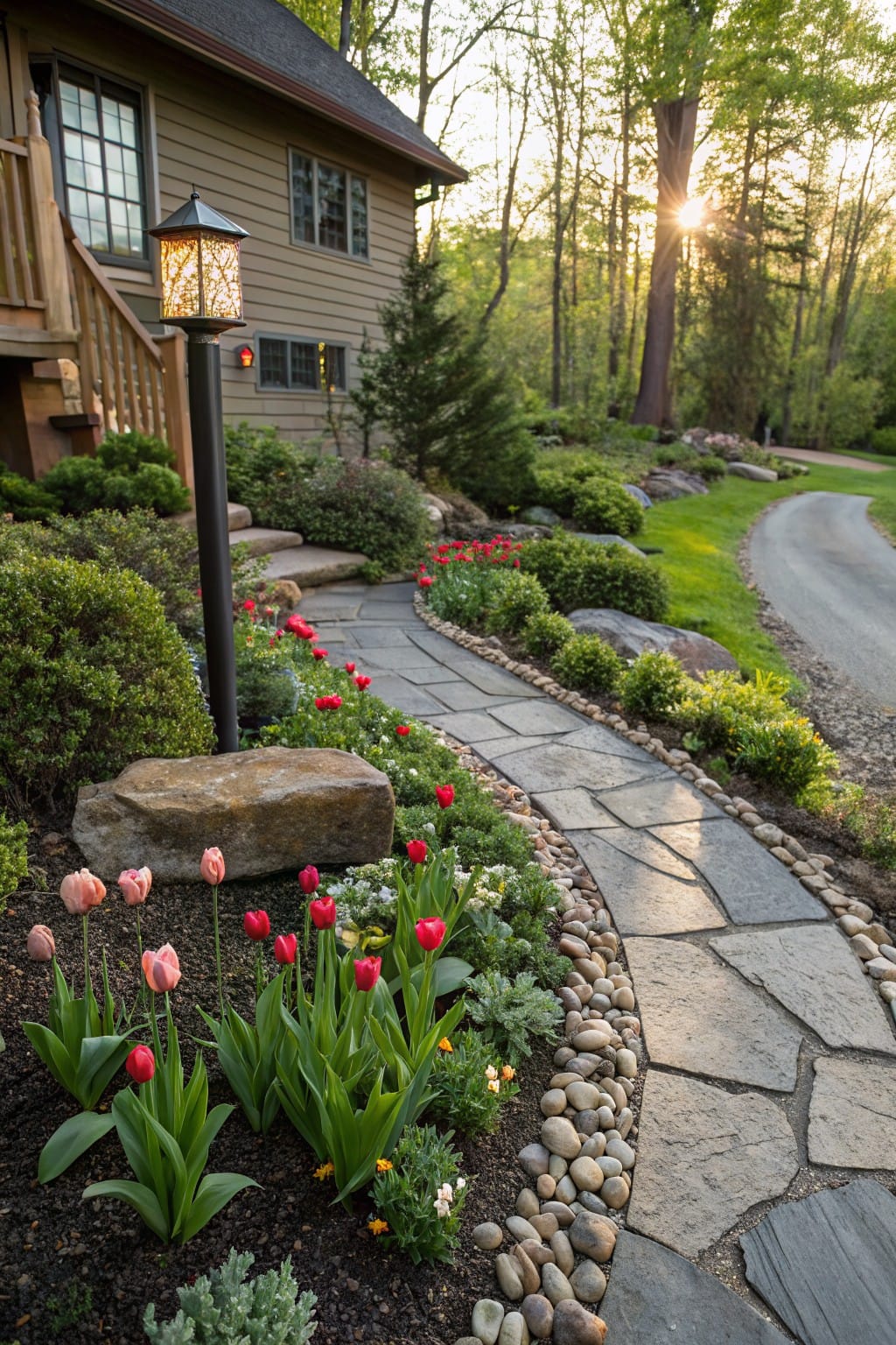 Curved flagstone walkway edged with white pebbles and rocks, lined with tulip flower beds, shrubs, boulders, and a lamp post next to a house foundation amid trees and greenery.