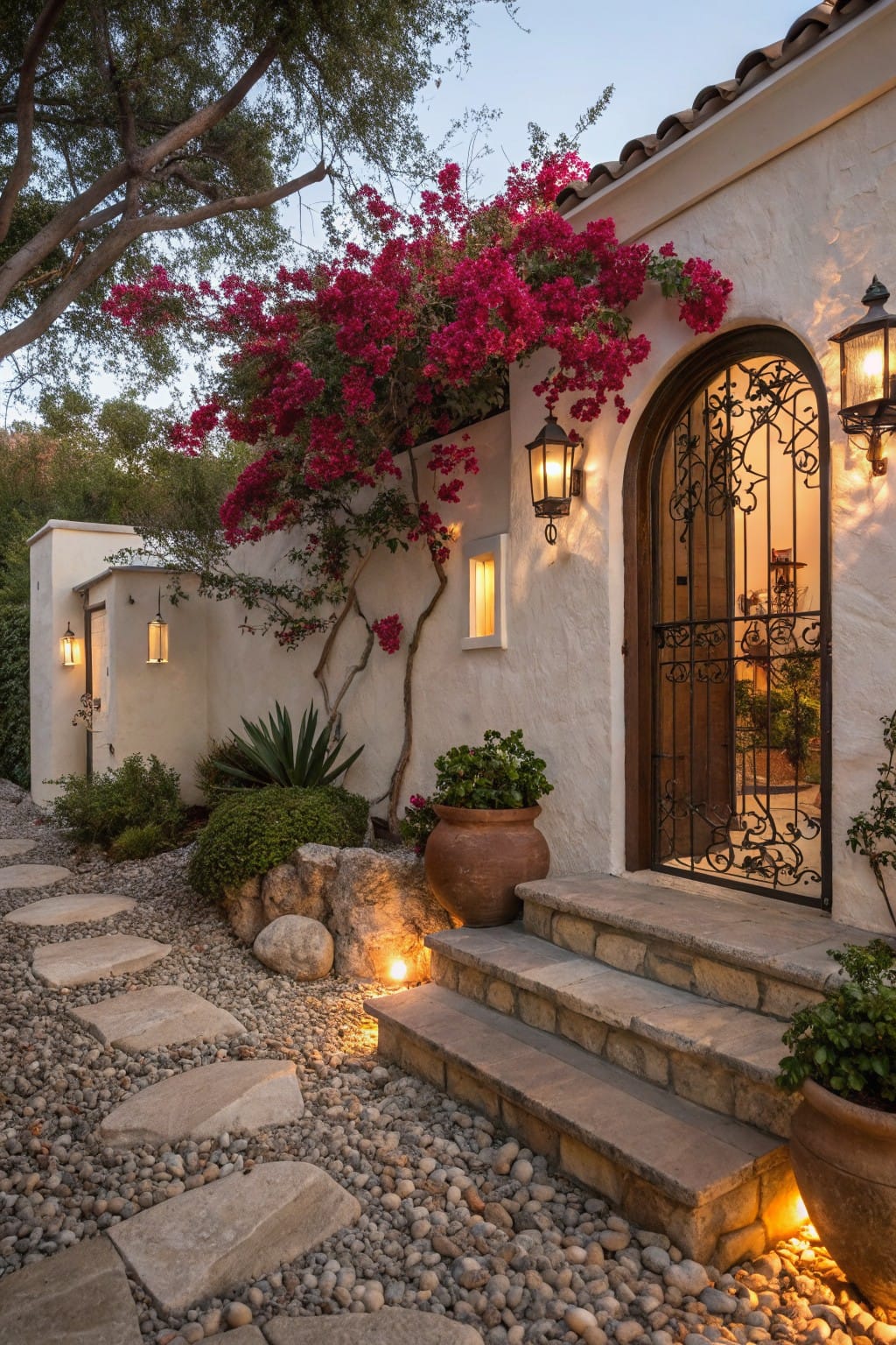 White stucco house exterior at dusk with arched wrought-iron gate entry, bougainvillea vines on walls, gravel ground cover, large boulders, irregular stepping stone path, terracotta pots, agave plants, and landscape lanterns.