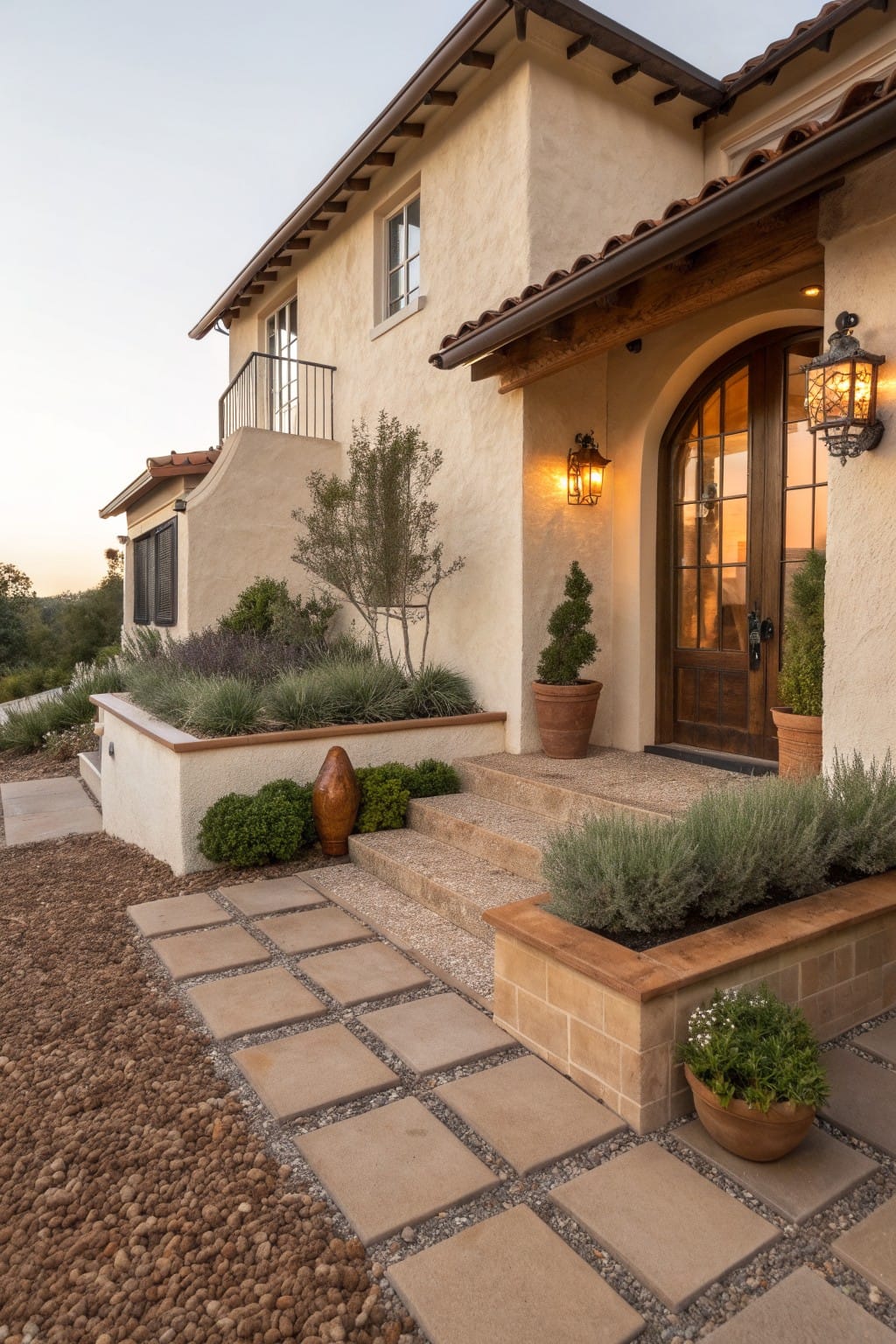 Beige stucco house exterior at dusk with arched wooden entry door, stone steps, gravel yard edged by raised planters of lavender and grasses, large terracotta pots, paver path, and wall lanterns.