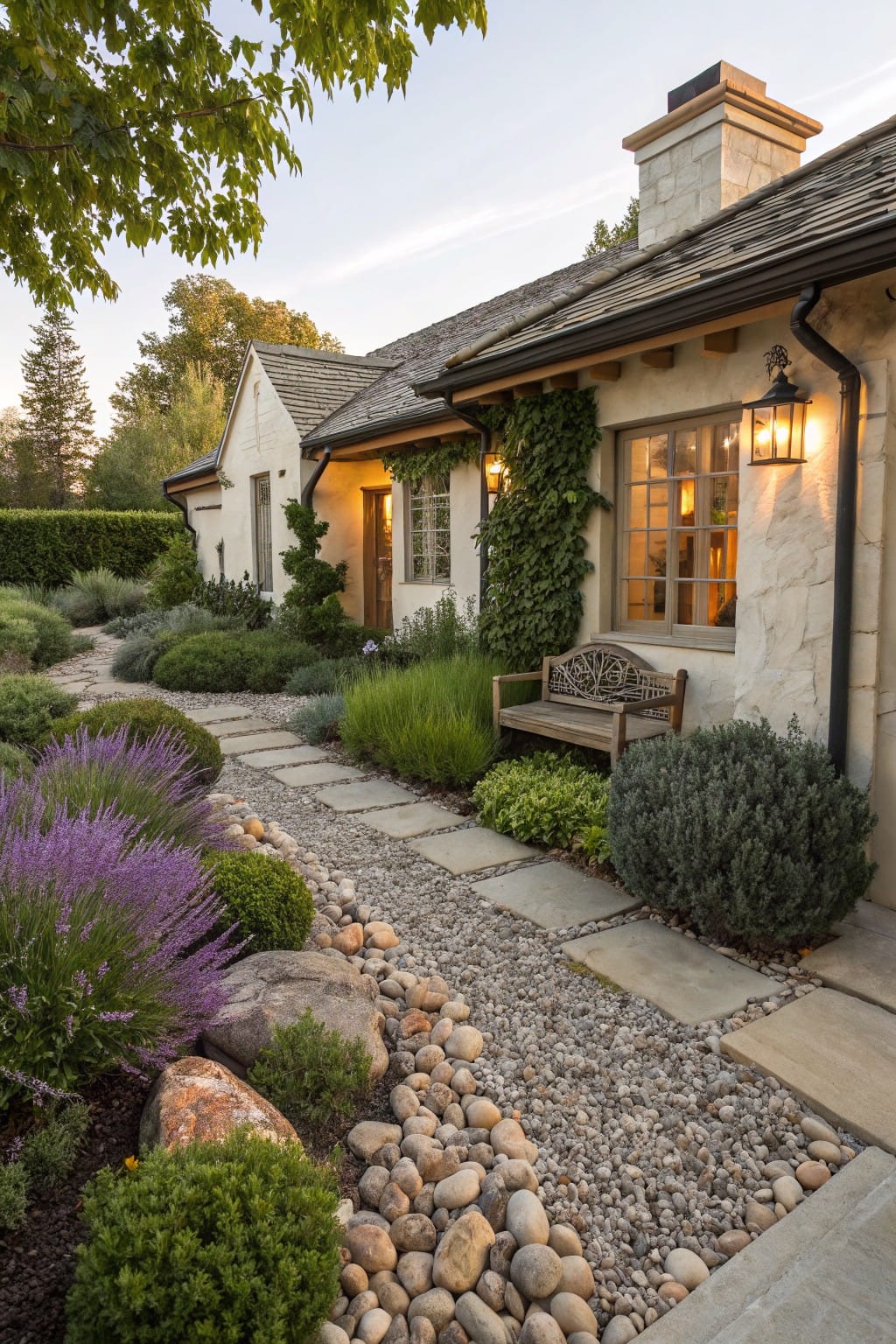 Beige stucco house exterior with ivy-covered walls, a wooden bench under a window, lit lanterns, and a gravel pathway lined by lavender plants, boulders, shrubs, and stepping stones leading toward the entry door.