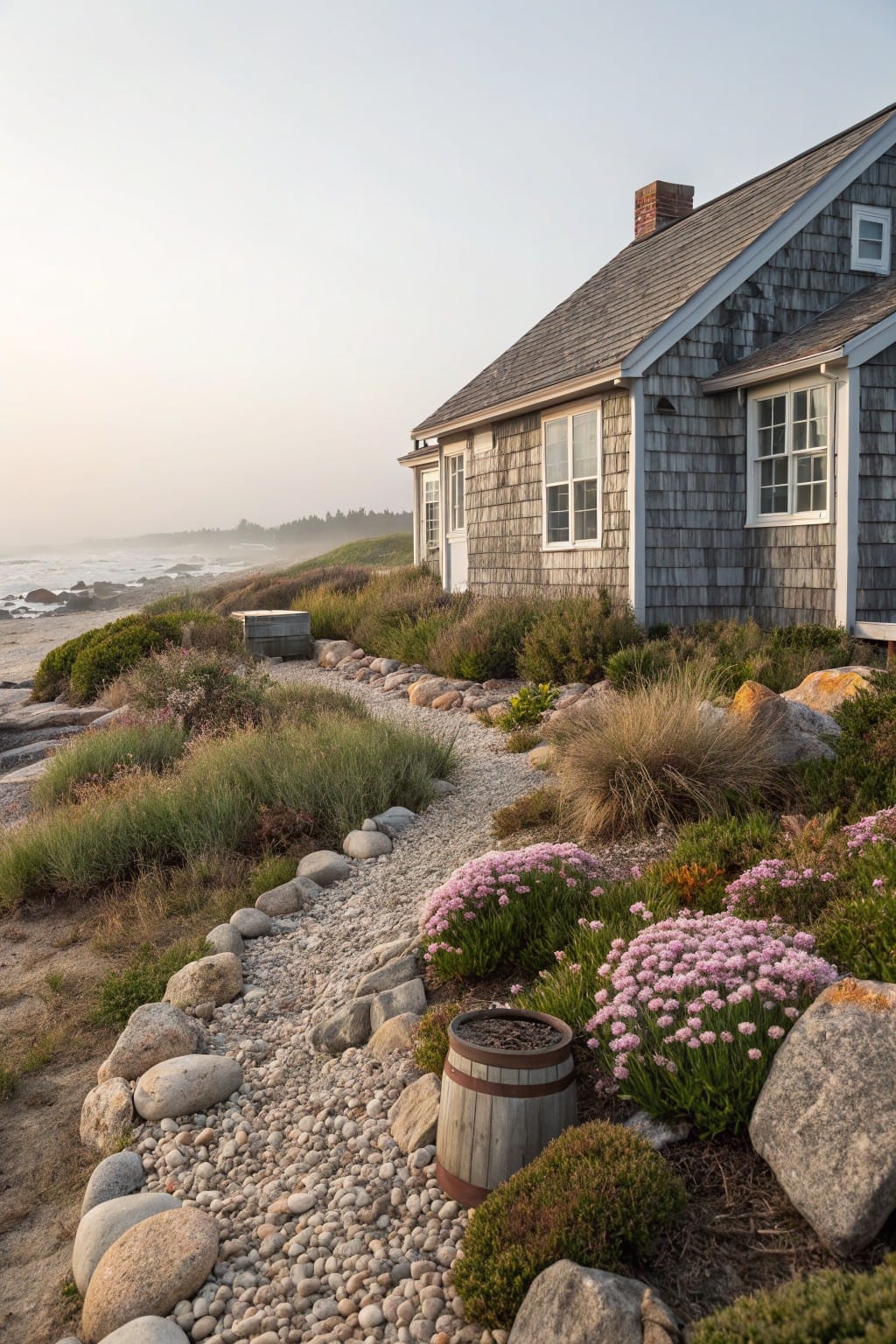 Gray shingle-style house exterior on a coastal bluff with a curving gravel pathway bordered by white pebbles, large rocks, low shrubs, grasses, and pink flowers leading to the foundation near the ocean.