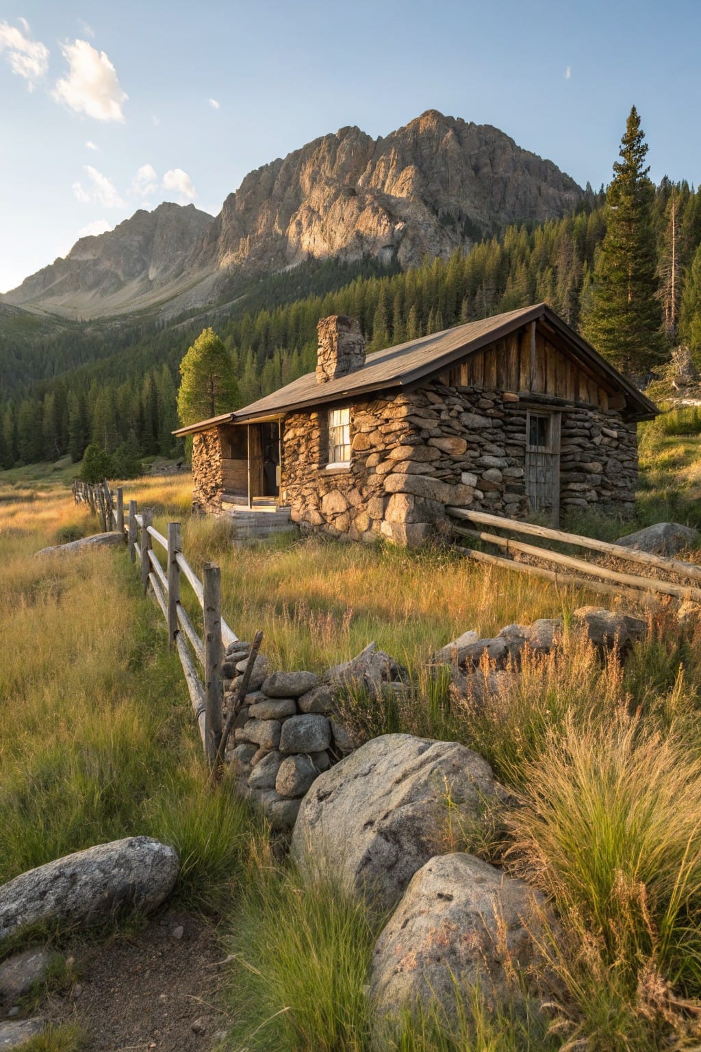 A stone cabin with chimney and wooden door sits in a grassy meadow backed by forested mountains, surrounded by large boulders, a wooden split-rail fence, and tall grasses at sunset.