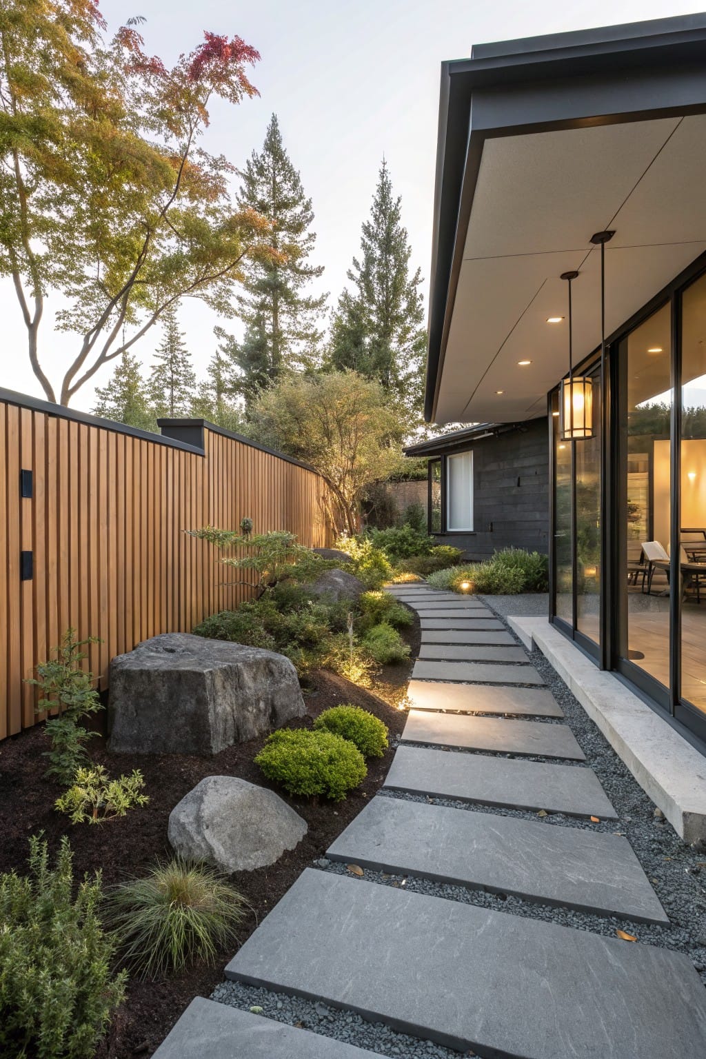 Exterior view showing a modern house foundation landscaped with large gray boulders, low shrubs and grasses, dark gravel mulch, and irregularly spaced gray stone stepping path leading to glass sliding doors, bordered by a wooden fence and trees.