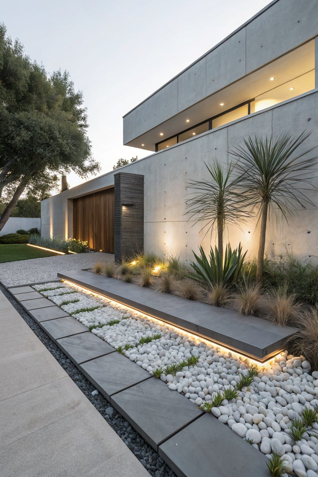 Contemporary concrete house exterior at dusk with landscaped foundation featuring raised beds of white pebbles, ornamental grasses, agaves, palm trees, stone slab pathway, and LED lighting.