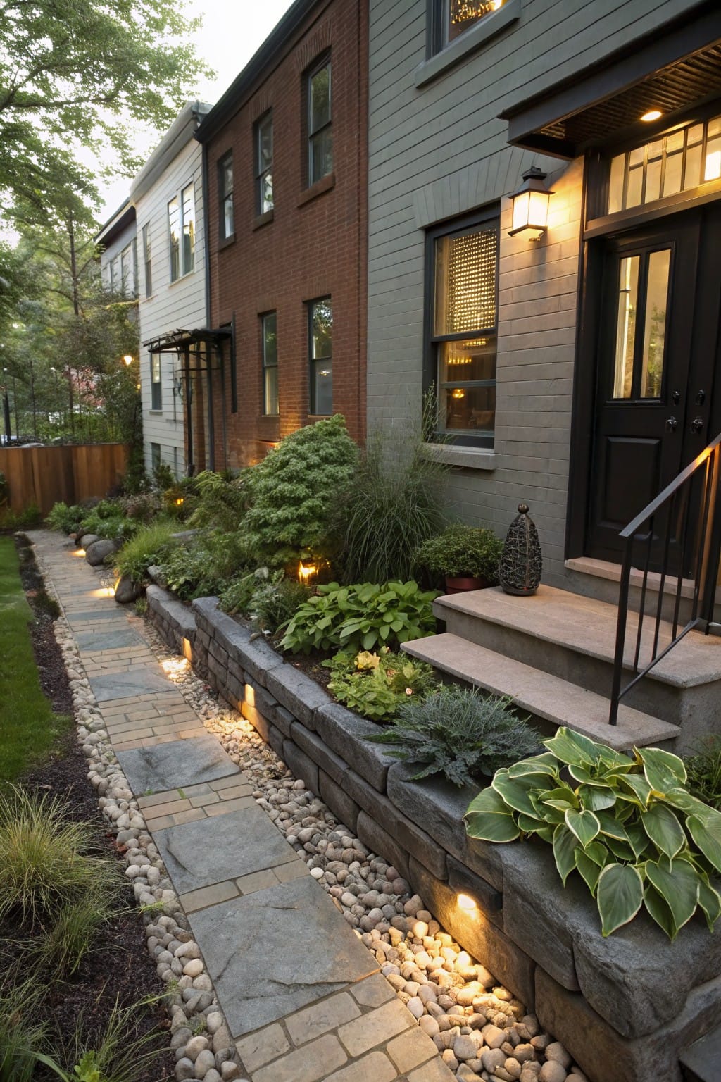Row house exterior at dusk with a stone paver pathway edged in pebbles and gravel, bordered by stone retaining walls with plants including hostas and grasses, leading to front steps with lighting.