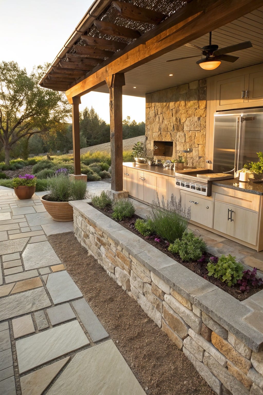 Outdoor kitchen under a wooden pergola with stainless steel appliances, adjacent low stone retaining wall filled with plants and shrubs, and flagstone patio pavers extending into a landscaped yard.