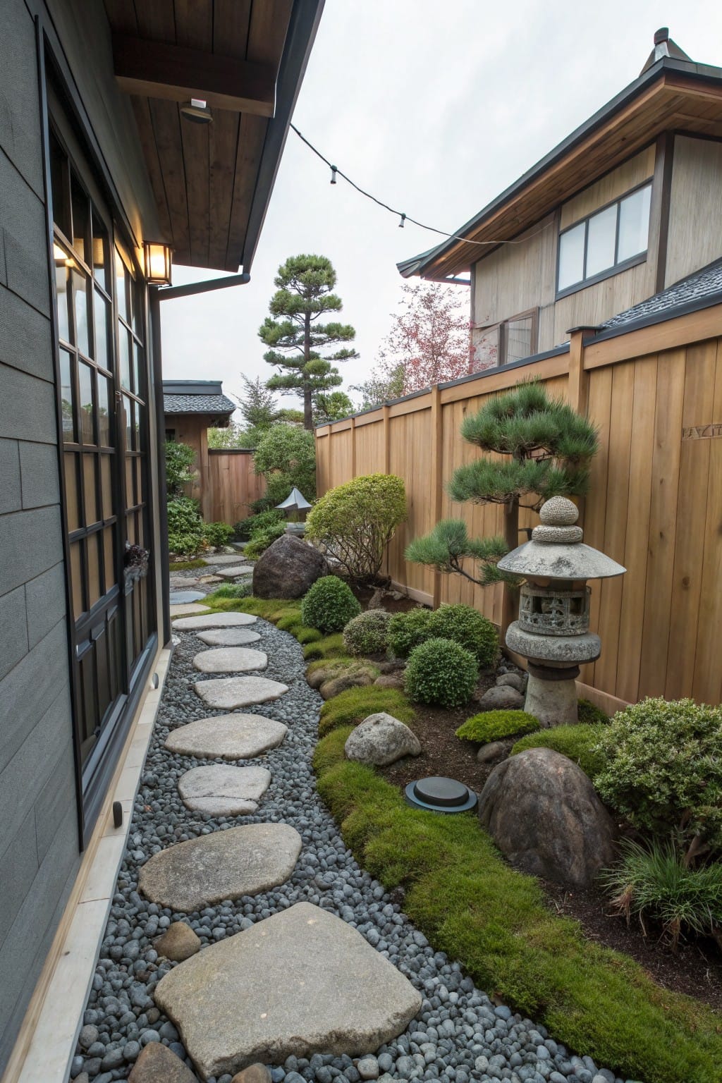 Narrow pathway of irregular flat stepping stones set in gray gravel mulch along a house foundation, bordered by moss groundcover, boulders, low shrubs, bonsai pines, and a stone lantern, with wooden fence and house wall nearby.