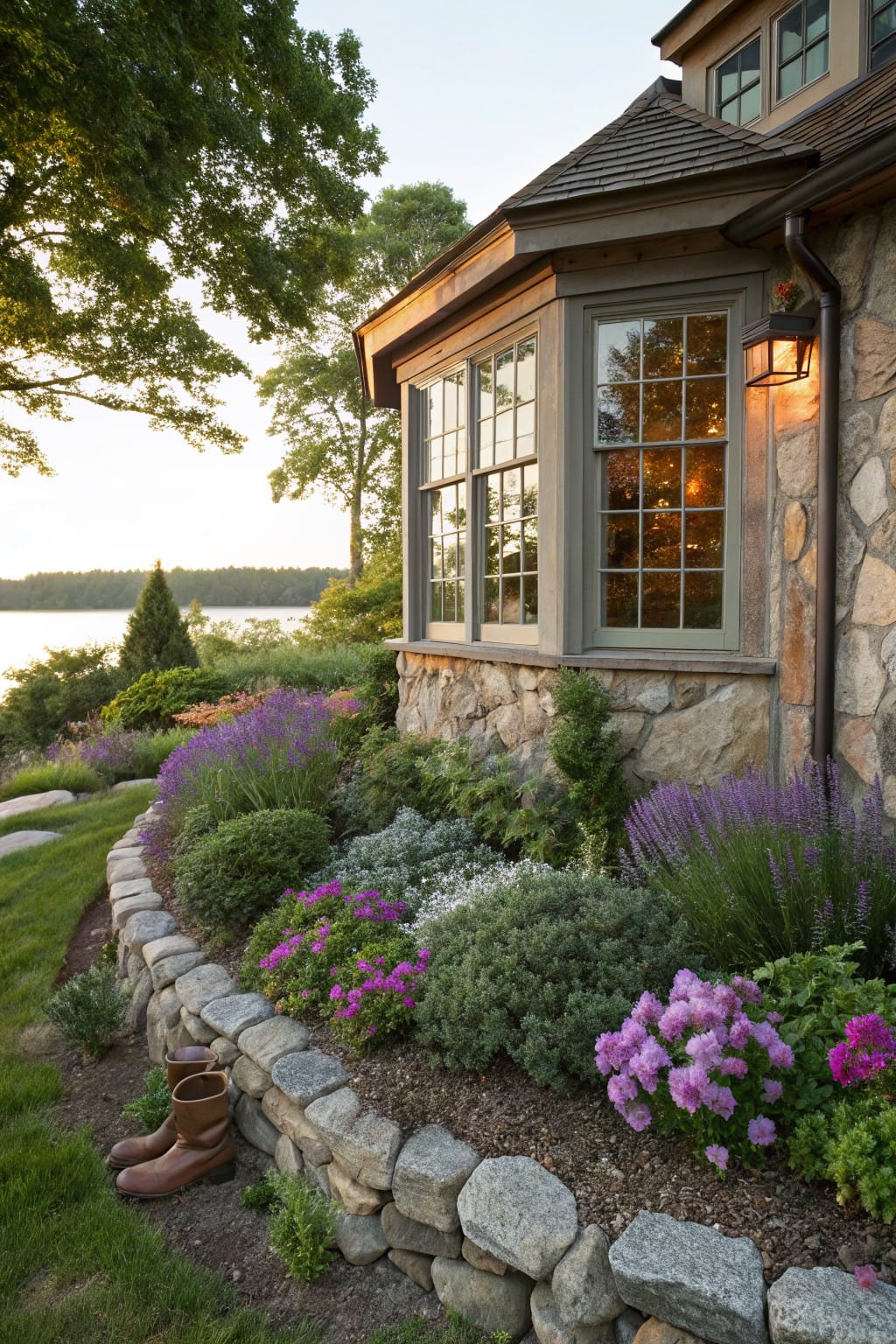 Curved low dry-stacked stone wall bordering a flower bed with purple lavender, pink blooms, green shrubs, and grasses next to a stone house foundation, with trees and a lake in the background.