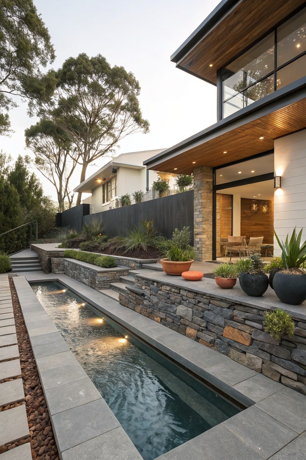 Sloped yard beside a modern house featuring tiered dark stone retaining walls, a narrow lit reflecting pool, stone steps, potted plants, and gravel paths.