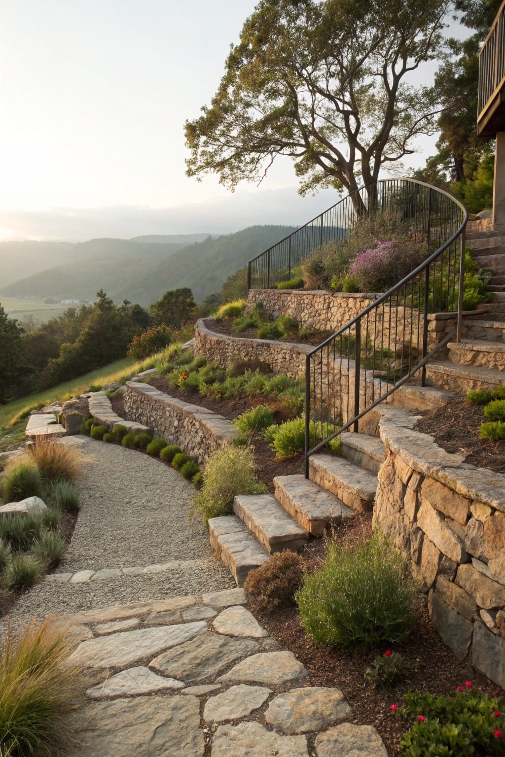 Hillside with multiple tiers of dry-stacked stone retaining walls, integrated steps with black metal railings, gravel path, low shrubs and grasses, and a house visible at the top.