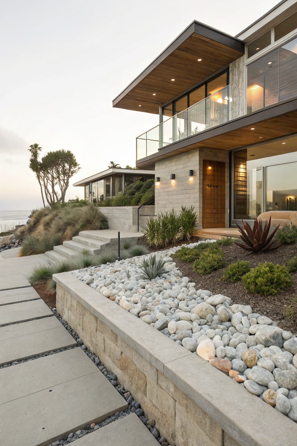 Modern house exterior on a coastal slope with white pebble landscaping beds containing succulents and grasses around the stucco foundation, concrete steps, and pathway.