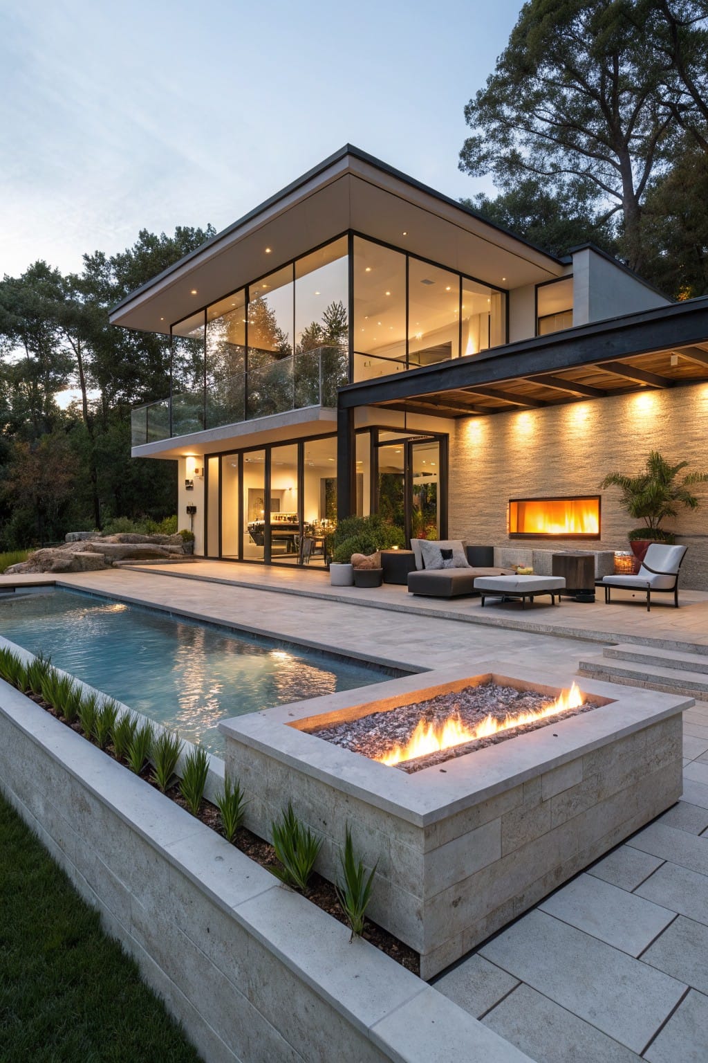 Modern two-story house with glass walls and stone accents overlooking a rectangular pool, linear pebble-filled fire pit along the pool edge, lounge seating on a stone patio, and low plants at dusk.