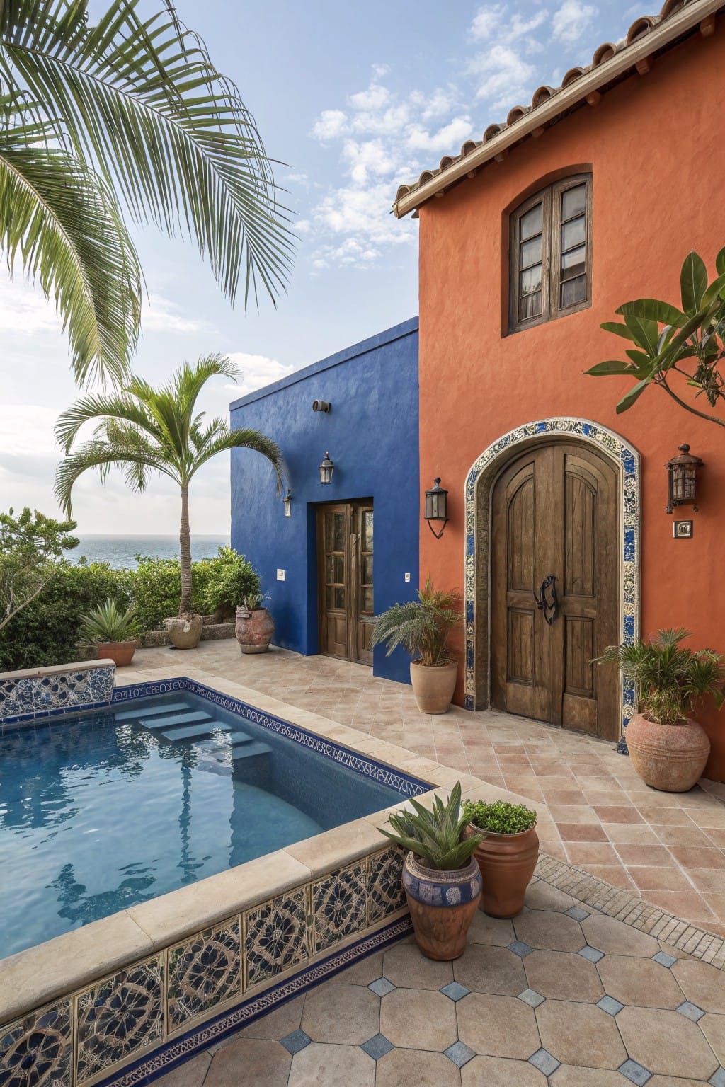 Colorful two-tone stucco house exterior in red and blue with arched wooden double doors, lanterns, a small rectangular blue-tiled pool with steps, potted plants, and palm trees on a tiled patio.