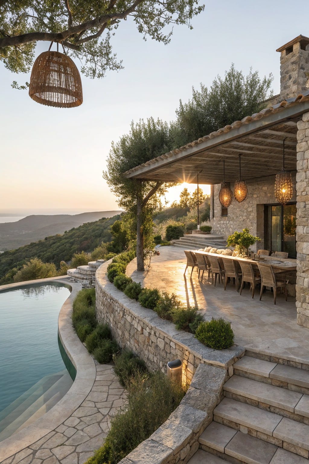 Terraced stone patio with curved infinity-edge pool, wooden pergola over dining table with chairs, hanging lanterns, stone house wall, and hillside view at sunset.
