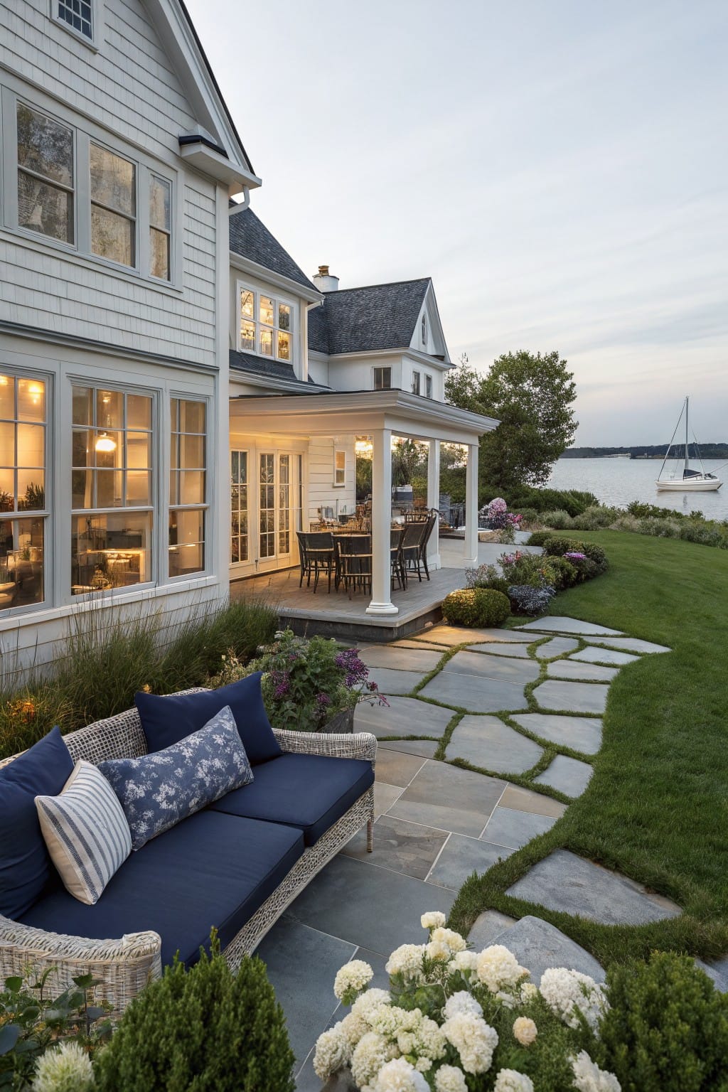 White shingle-style house with covered porch and French doors opening to irregular bluestone pathway winding through lawn and plants to blue outdoor sofa, waterfront and yacht visible in background.
