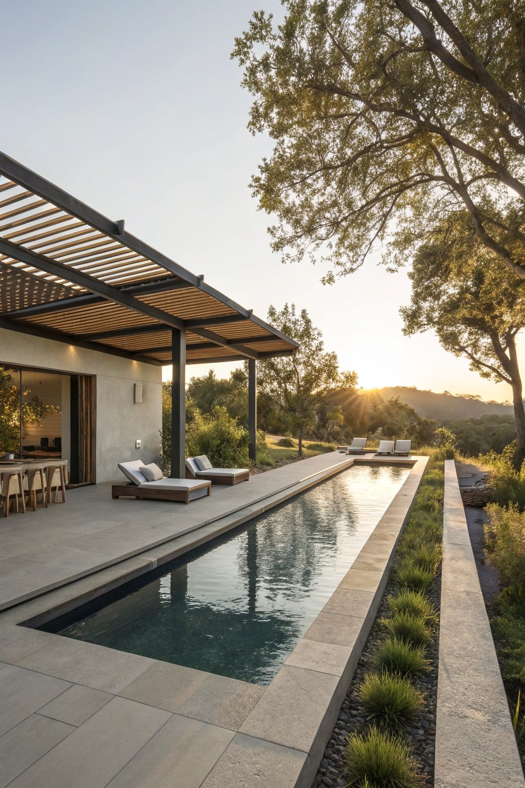 Modern home exterior with a long rectangular pool parallel to the house, a pergola-covered terrace with lounge chairs and dining table, concrete decking, grassy edges, and surrounding trees at sunset.