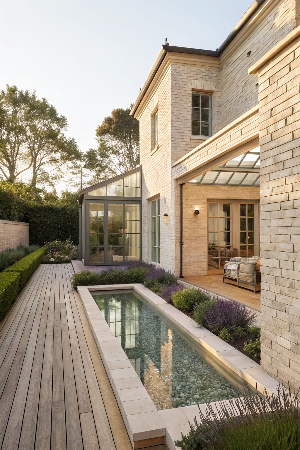 Brick house exterior with wooden deck alongside a long narrow reflecting pool edged in stone and plants, glass doors to a covered patio area, and landscaping in a backyard setting.
