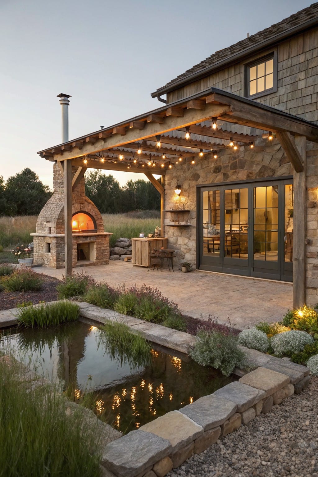 Stone wood-fired pizza oven on a paver patio next to a wooden pergola with string lights, small reflecting pond, and shingled house with glass doors in evening light.