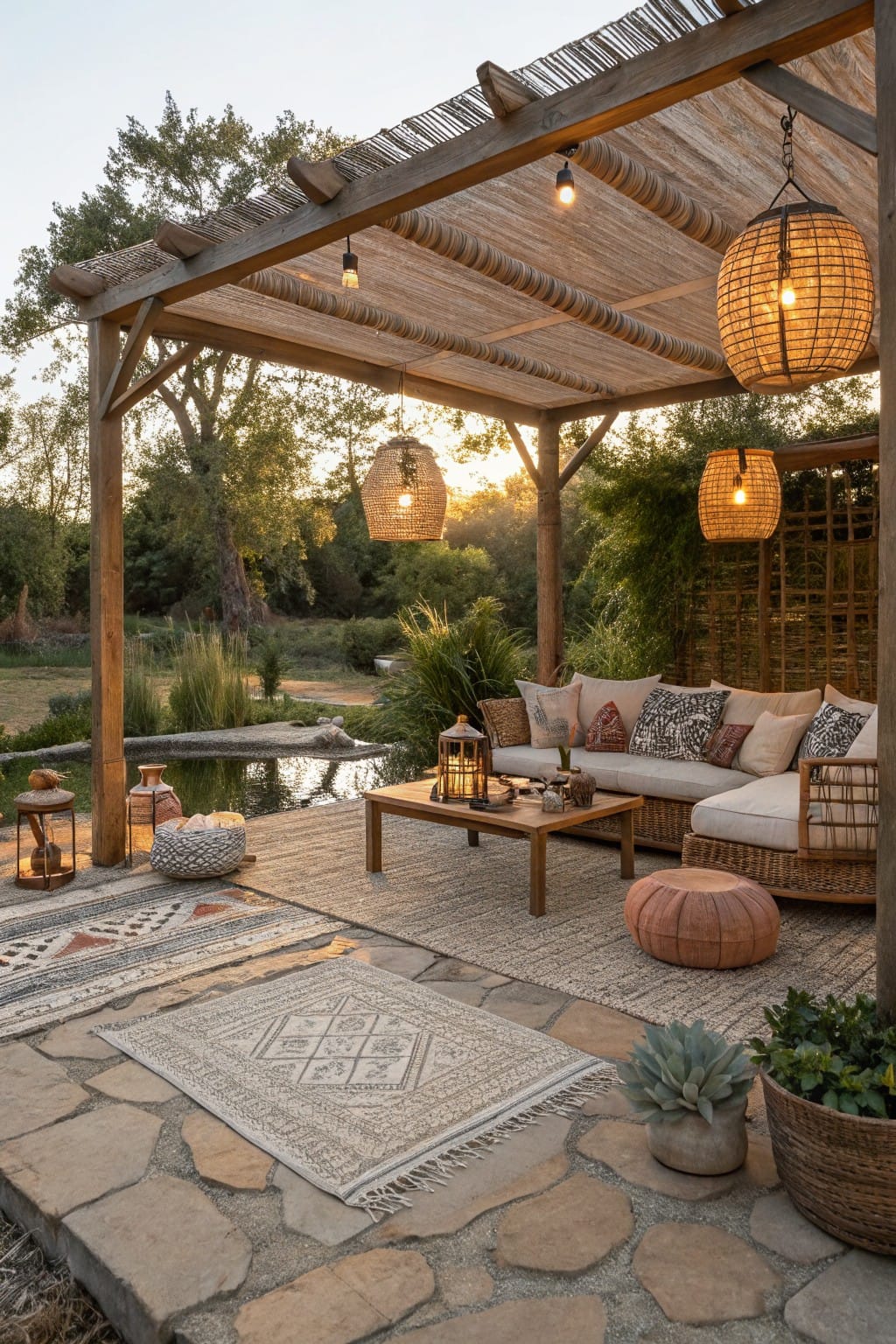 Wooden pergola with hanging lanterns and string lights covering a stone patio lounge area featuring a low sofa, coffee table, patterned rugs, poufs, and potted plants near greenery and a small pond.