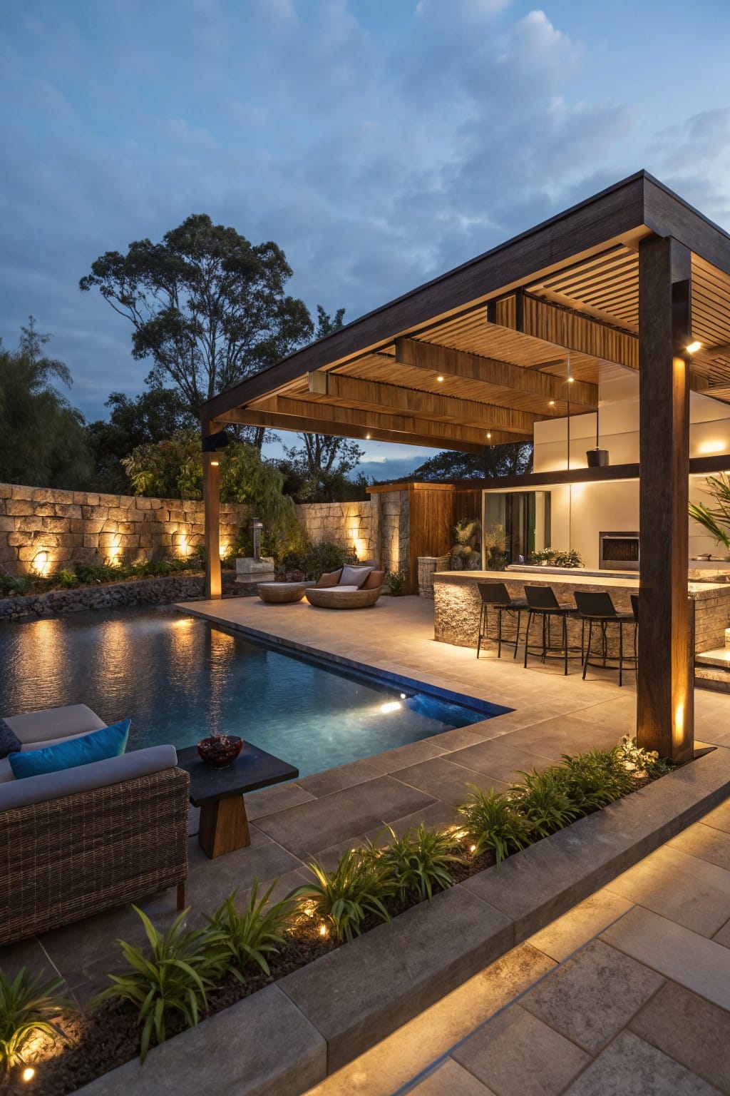 Backyard pool at dusk with timber pergola covering lounge area and bar, stone walls, edge lighting, and plants along tiled deck.