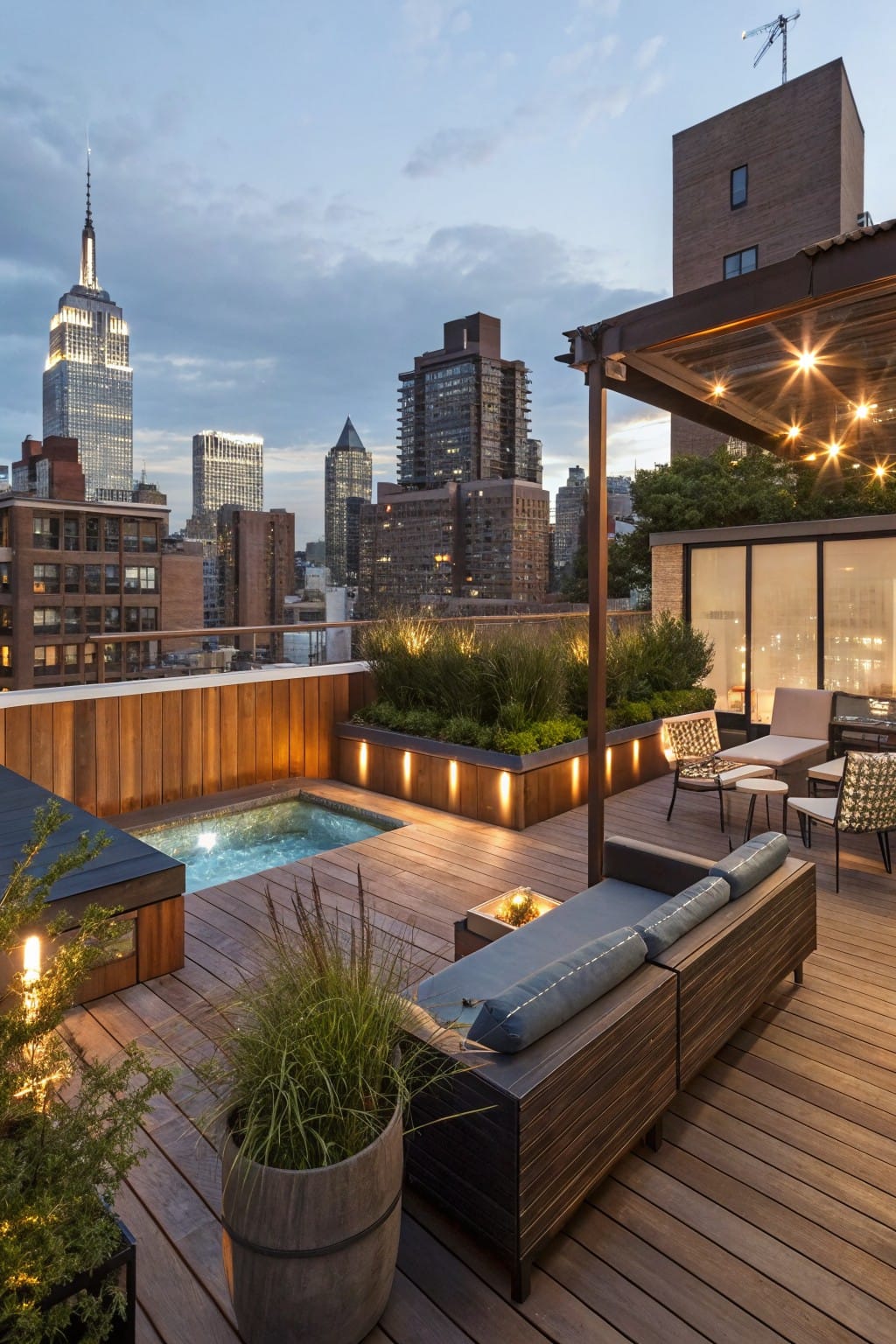 Wooden rooftop deck at dusk with sunken hot tub, lounge seating, potted plants, pergola with string lights, and New York City skyline including Empire State Building in background.