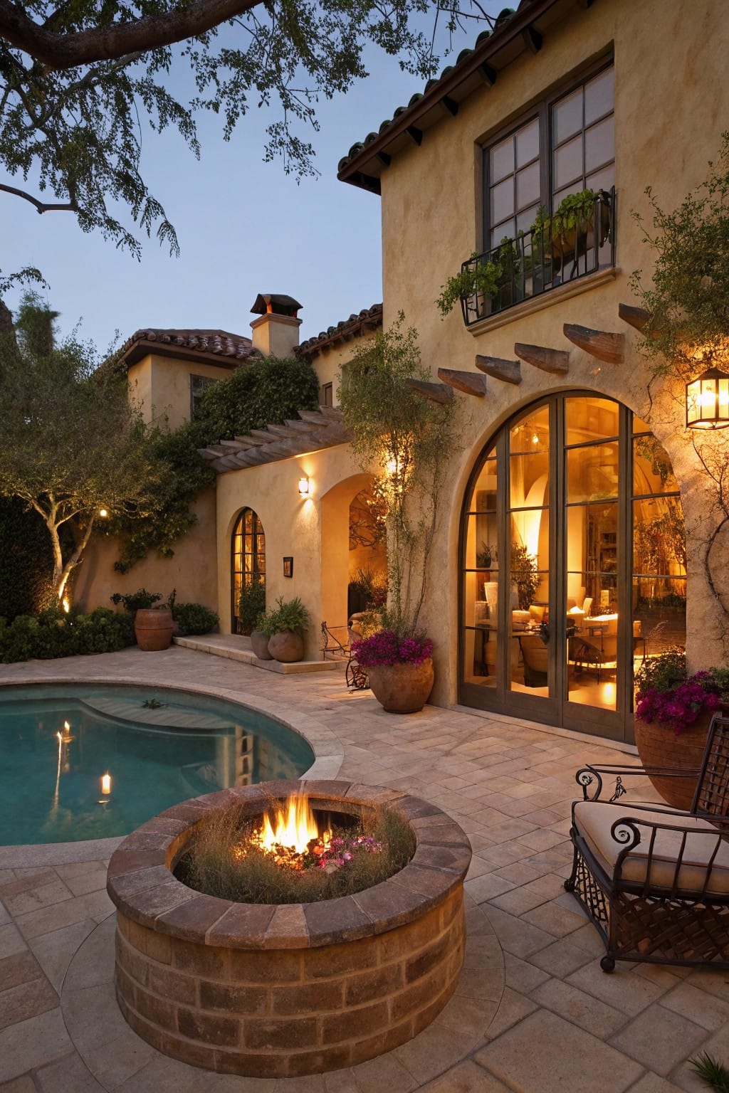 Beige stucco house with arched glass doors opening to a stone-paved backyard patio that includes a curved swimming pool, circular stone fire pit with flames and plants inside, potted flowers, outdoor chair, and landscape lighting at dusk.