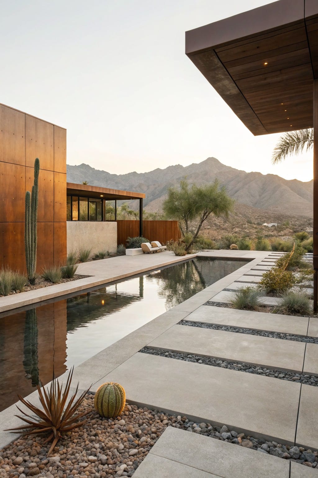 Long narrow infinity-edge pool with adjacent wide stone paver pathway, corten steel paneled modern house walls, desert plants including agave and cactus, palm tree, and distant mountains at sunset.