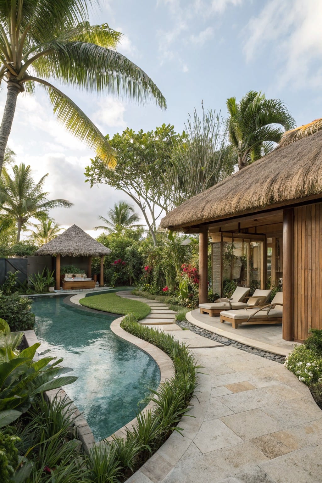 Backyard featuring two thatched-roof pavilions with wooden loungers next to a curved swimming pool, surrounded by tropical plants, palms, and stone pathways.