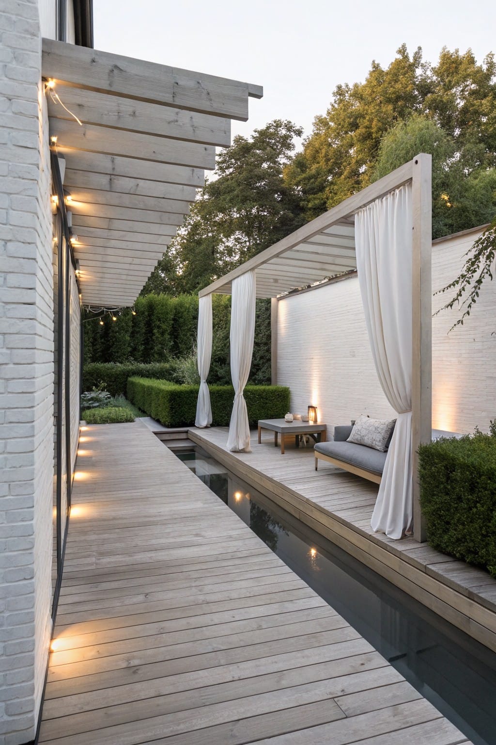 Long wooden walkway parallel to a narrow rectangular water channel in a backyard enclosed by white brick walls, with sheer white curtains on wooden pergolas, boxwood hedges, ground lighting, and a low gray sofa with cushions at the end.