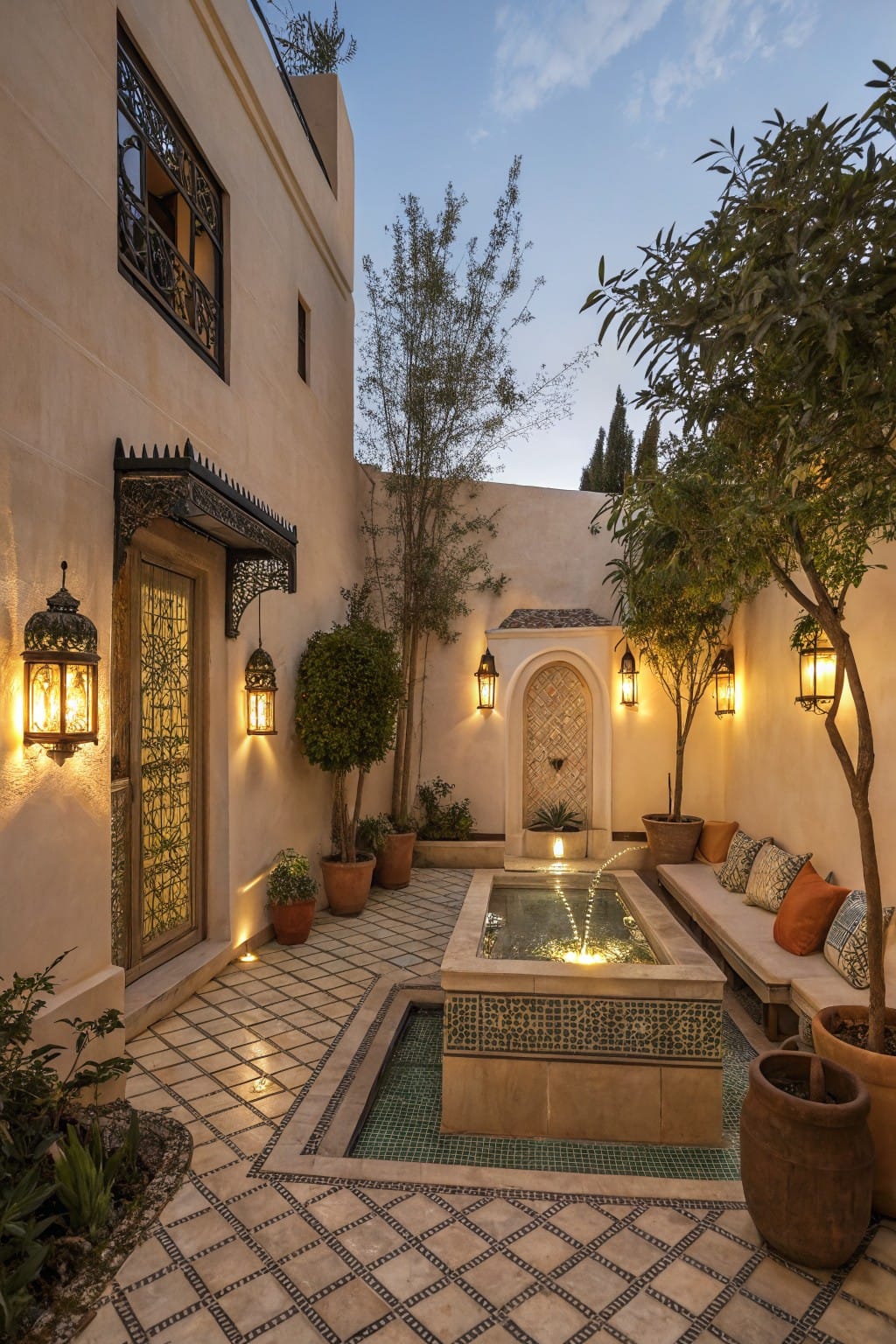 Beige stucco walls with arched doorways enclose a courtyard patio featuring a central rectangular fountain, tiled flooring, potted plants and trees, cushioned bench seating, and wall-mounted lanterns.