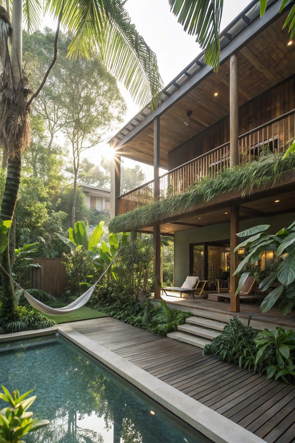 Tropical backyard with infinity-edge swimming pool, wooden deck featuring lounge chairs and hammock, elevated balcony with plant-filled railing, surrounded by palm trees and dense green foliage.