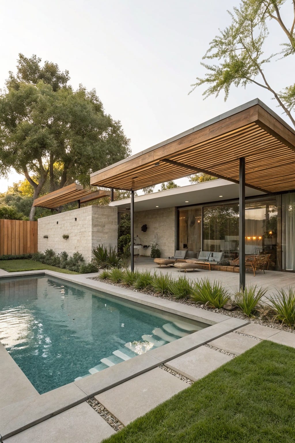 Backyard view showing a rectangular swimming pool next to lounge seating under a slatted wooden pergola extending from a modern stone house with glass doors and surrounding grass and plants.