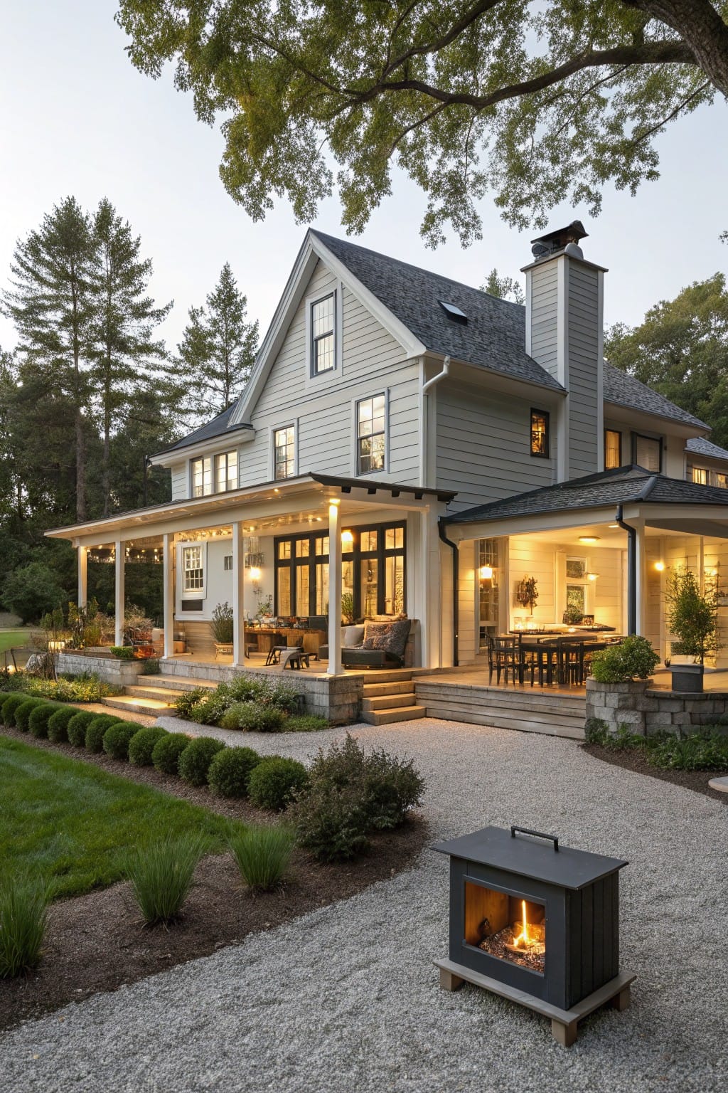 Gray shingle house with wraparound porch, outdoor seating and dining table, large windows showing kitchen, steps to gravel patio with metal fire pit, boxwood hedges, trees, and dusk lighting.