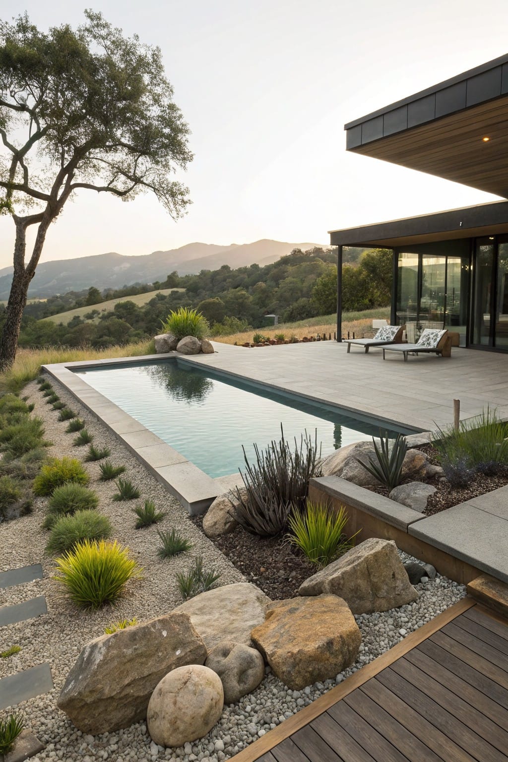 Infinity-edge pool bordered by large natural boulders, gravel, drought-tolerant grasses and succulents, with gray concrete decking, lounge chairs, and a modern house overlooking distant hills.
