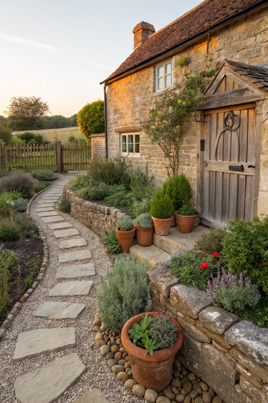 Stone cottage exterior with arched wooden door, approached by winding flagstone path through gravel and rock-edged beds planted with drought-tolerant shrubs and potted herbs.