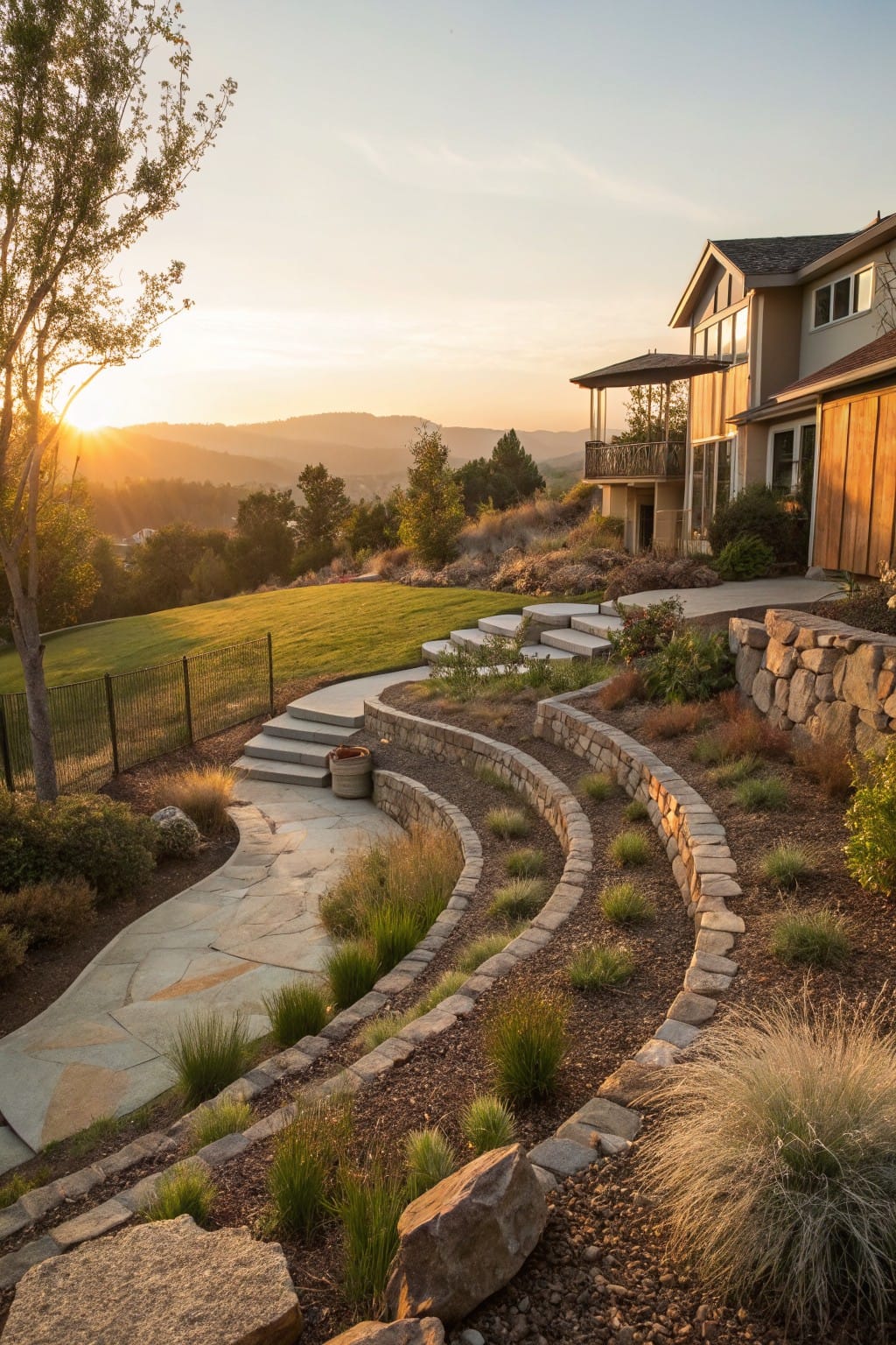 Sloped backyard with curved dry-stacked stone retaining walls forming terraced beds planted with ornamental grasses and rocks, adjacent to a modern house and lawn at sunset.