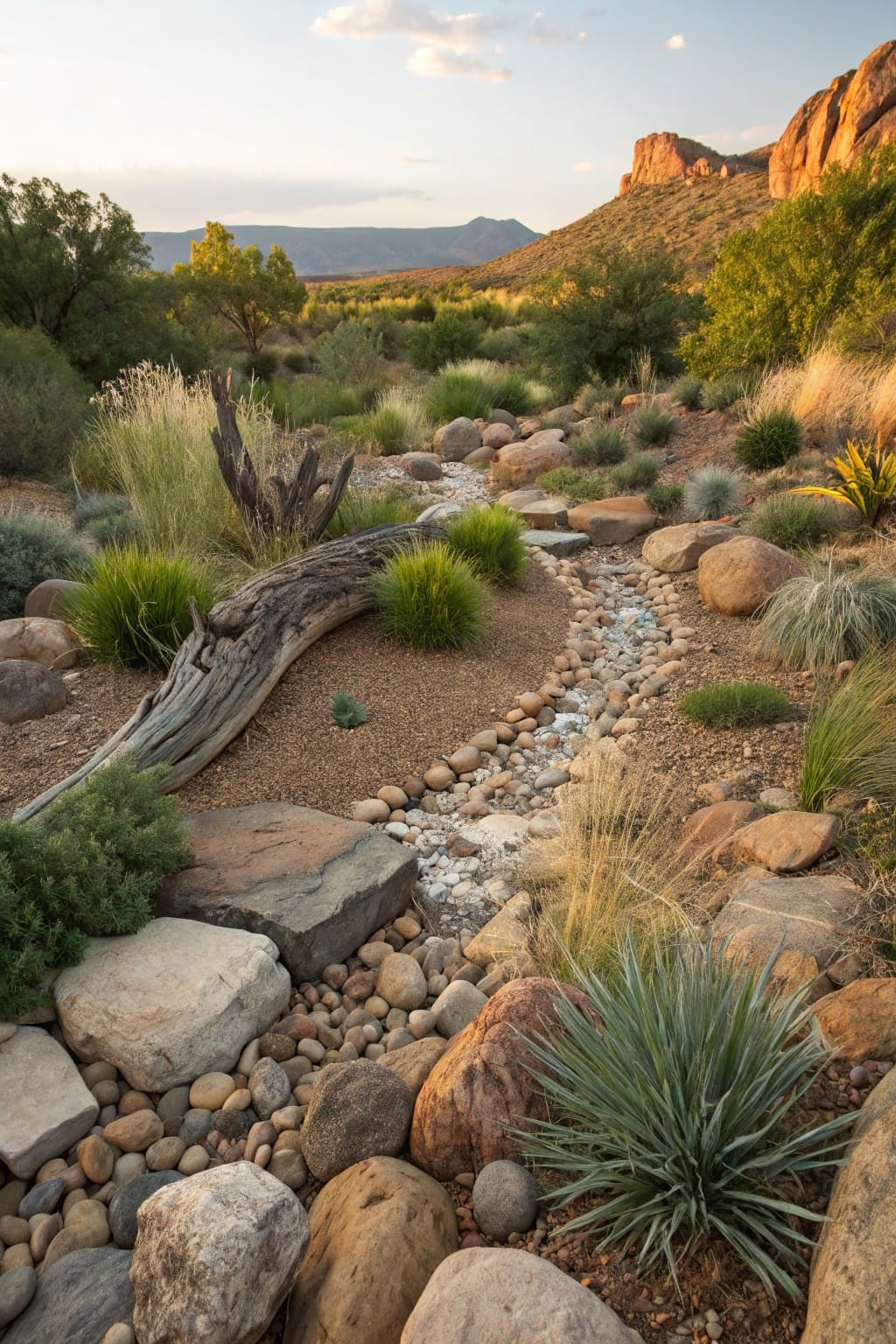 Winding dry riverbed path made of pebbles and rocks, edged with boulders, grasses, shrubs, and a weathered log in a desert landscape with mountains at sunset.