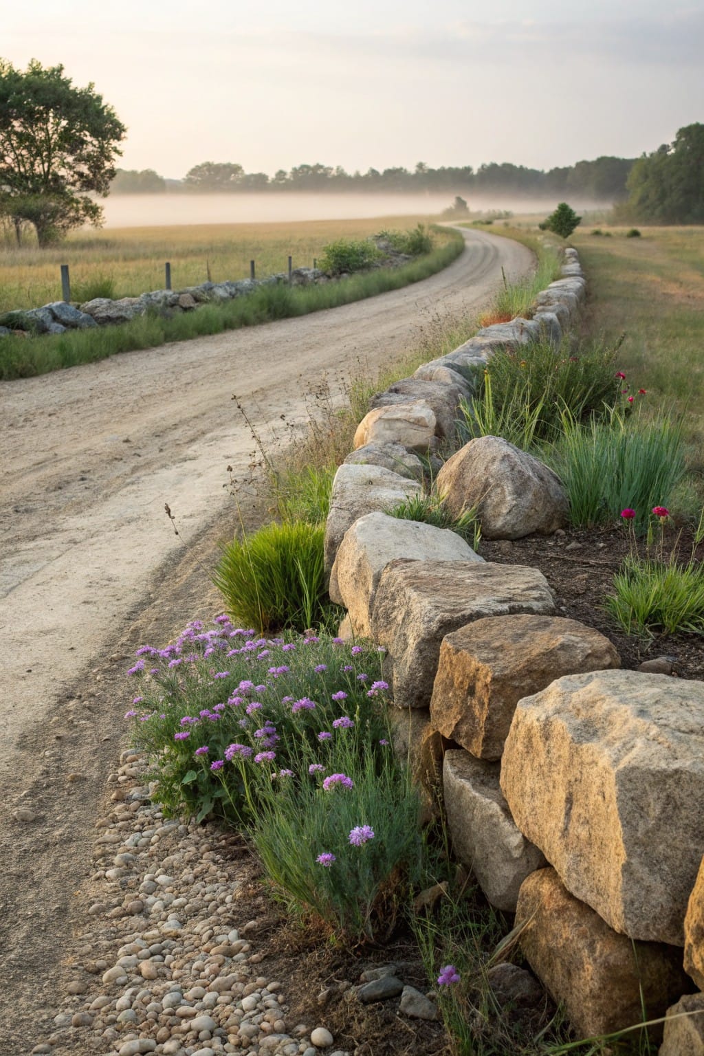 A curving dirt road bordered by a dry-stacked stone wall topped with purple lavender flowers, grasses, and other plants, set against a foggy field with distant trees.