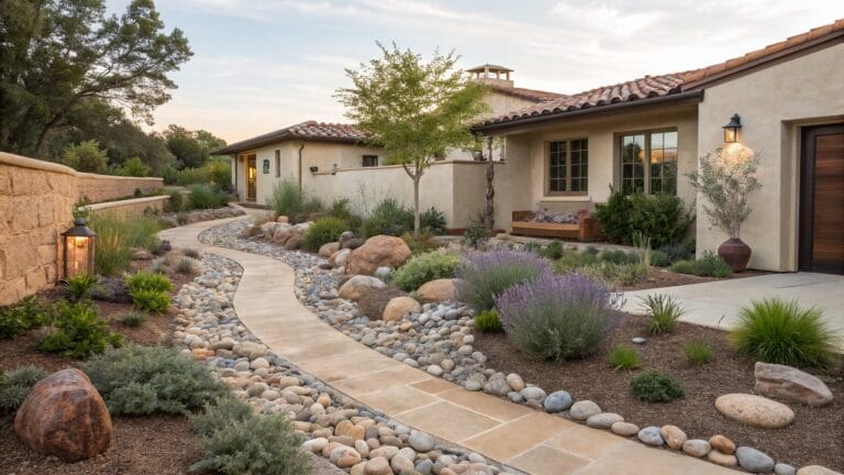 Curving concrete pathway edged with large boulders, gravel, lavender plants, grasses, and shrubs leads through a rock garden to a stucco and stone house with wooden garage door and tower.