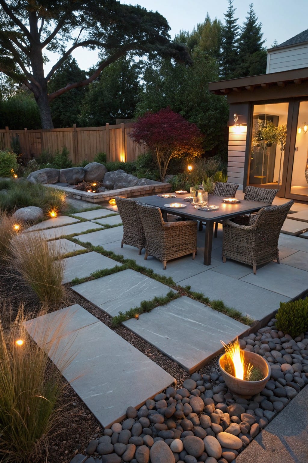 Backyard patio with large gray rectangular pavers separated by narrow grass strips, an outdoor dining table and wicker chairs, surrounded by ornamental grasses, boulders, river rocks, and fire bowls next to a modern house with glass doors.