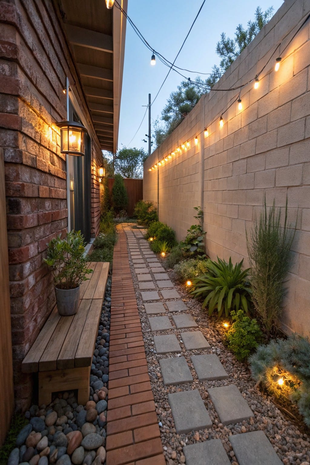 Narrow side yard pathway lined with concrete block fence and brick house wall, featuring rectangular stepping stones in a gravel bed edged by river rocks and drought-tolerant plants like agave and grasses, with string lights overhead at dusk.