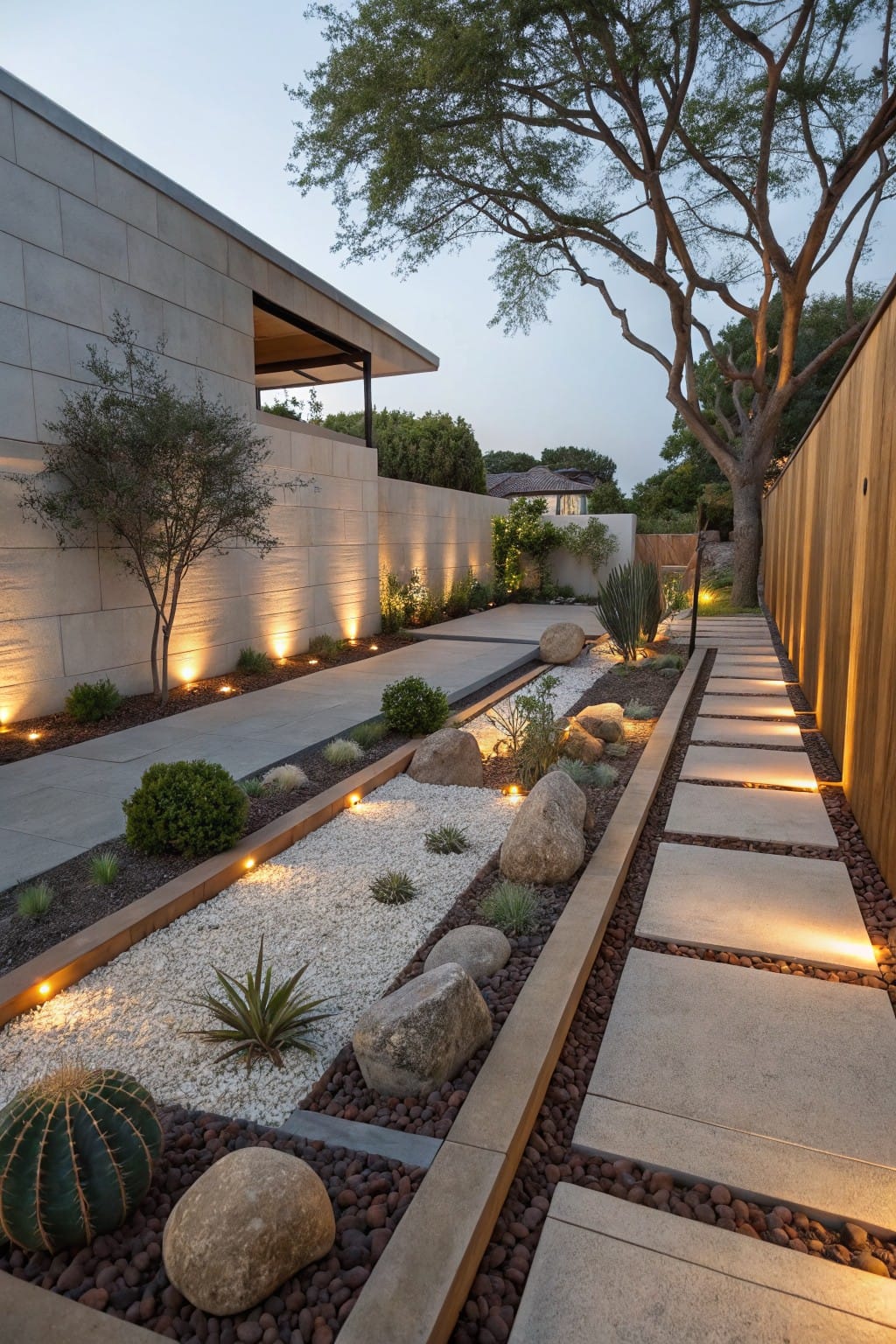 Narrow concrete paver pathway bordered by linear rock garden with white gravel, succulents, cacti, boulders, and integrated lighting next to a concrete wall, wood fence, and trees at dusk.