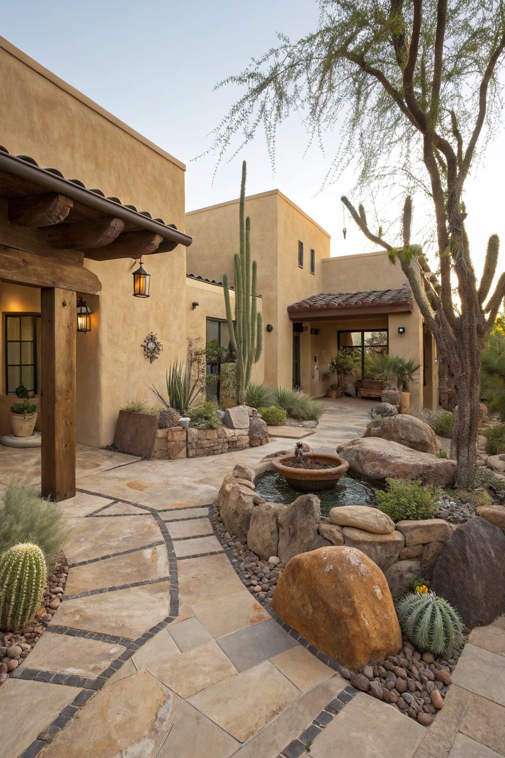 Southwestern adobe house with covered entry porch overlooking a courtyard landscaped with a curving flagstone path winding through large boulders, a central stone fountain, cacti, agave, and gravel mulch at dusk.