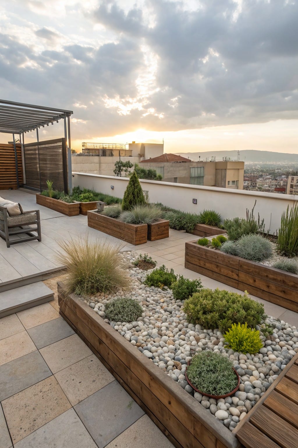 Rooftop terrace with multiple wooden raised planters containing drought-tolerant grasses, shrubs, succulents, and white pebbles, a lounge chair on tiled flooring, pergola structure, and city skyline view at sunset.