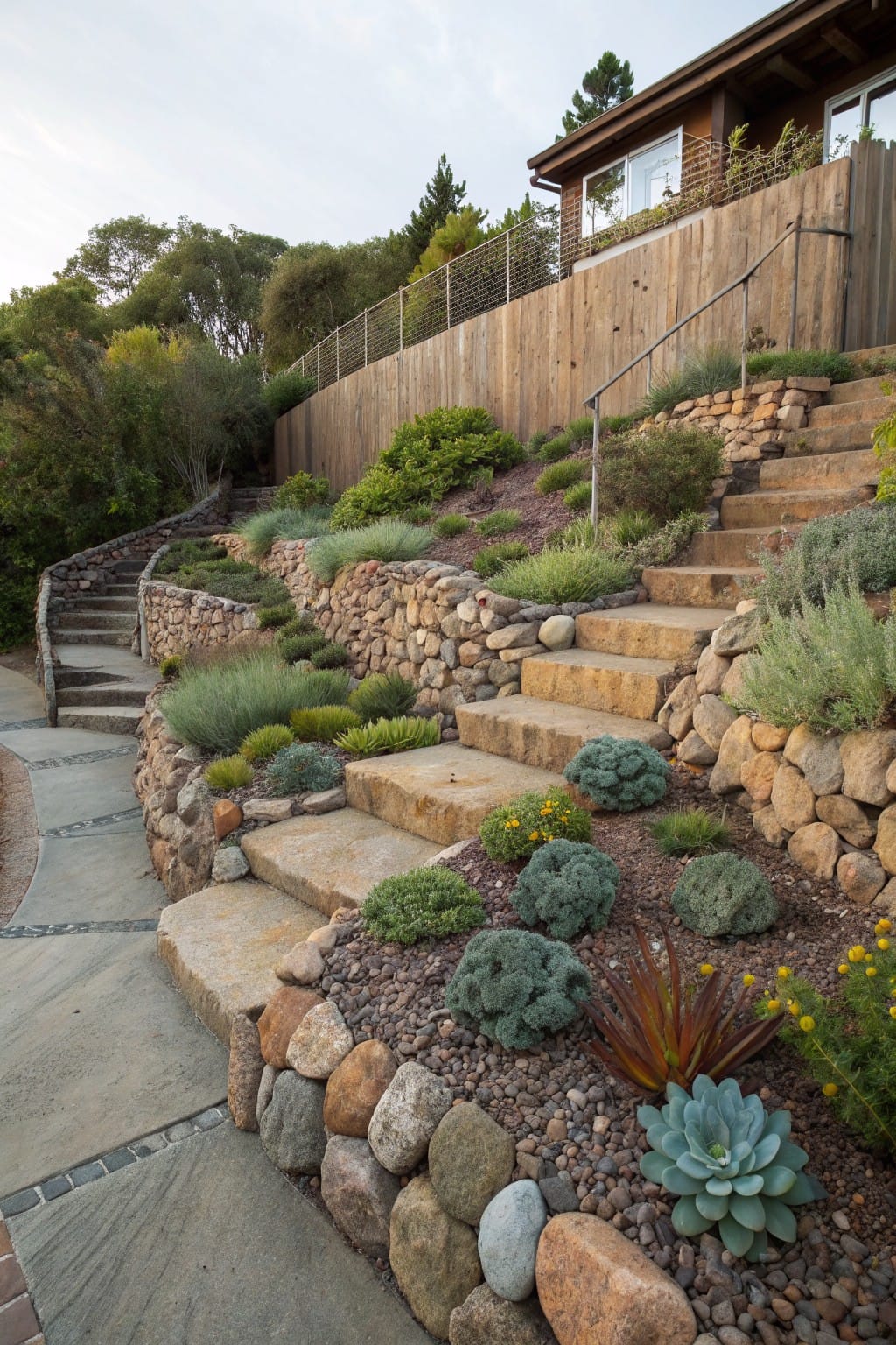 Sloped backyard with multiple dry-stacked stone retaining walls terraced with drought-tolerant plants including succulents, grasses, and shrubs, featuring stone steps and a path leading to a wooden house above.