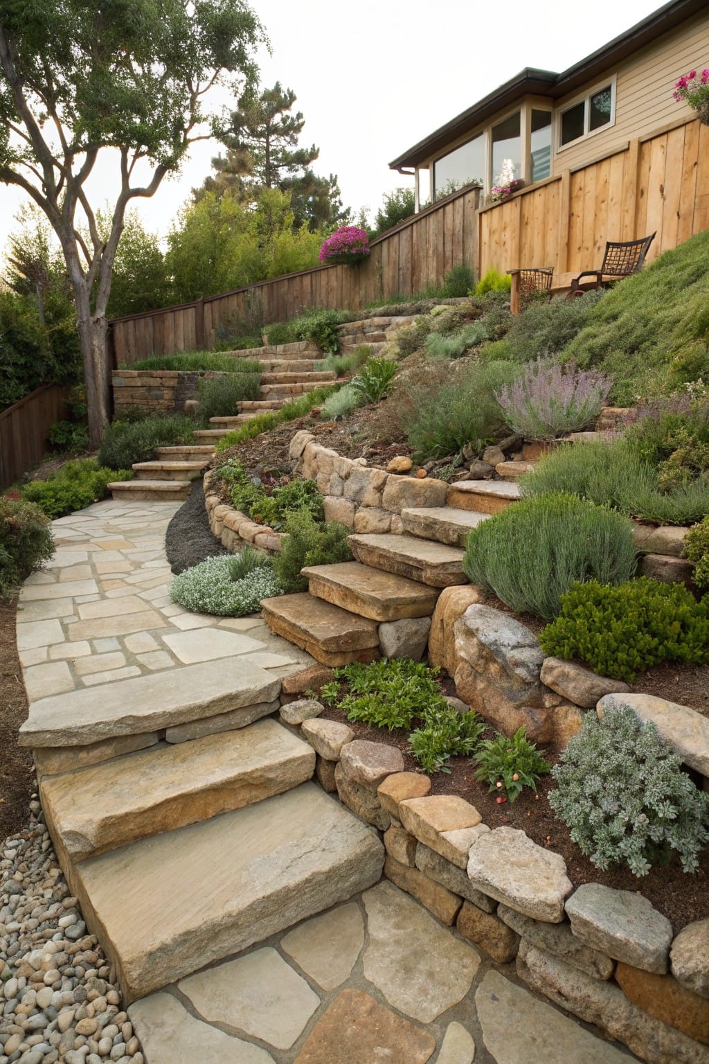 Sloped backyard with flagstone pathway and wide stone steps integrated into dry-stacked rock retaining walls planted with drought-tolerant shrubs, grasses, and perennials, leading to a house behind a wooden fence.
