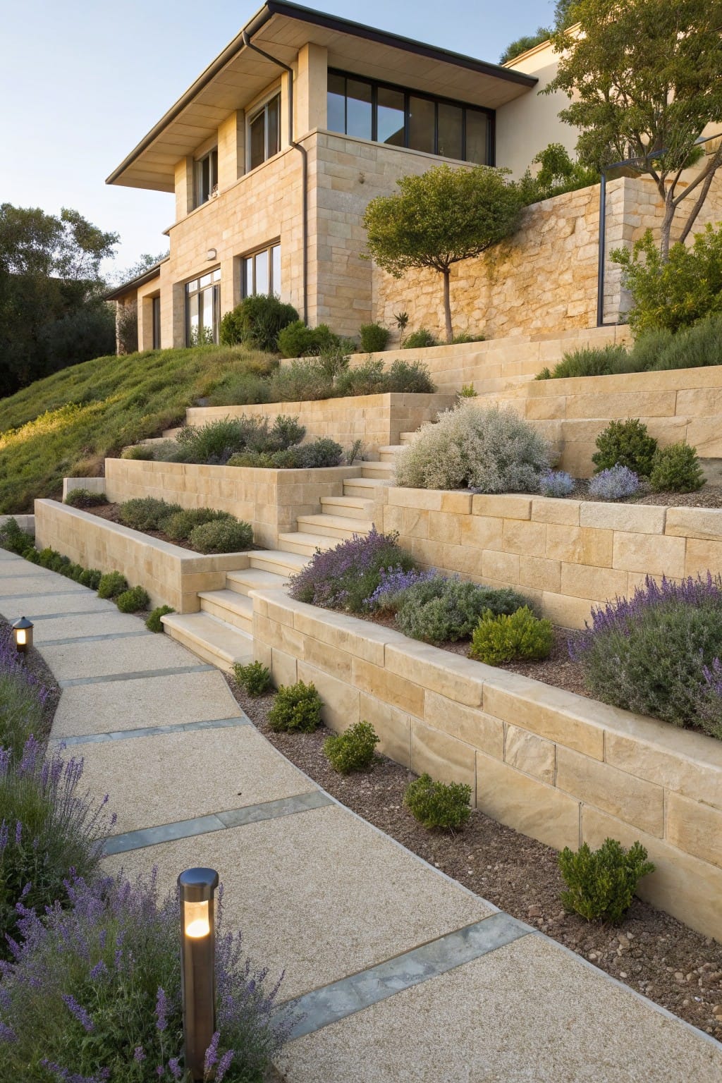 Hillside view of a beige stone house above terraced sandstone retaining walls with drought-tolerant lavender, shrubs, and grasses, plus a concrete pathway with bollard lights and steps.