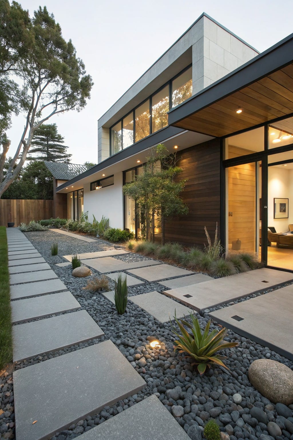 Contemporary house exterior with a pathway of large gray concrete pavers set into black gravel beds planted with agave, grasses, and rocks, leading to a wooden entry door.