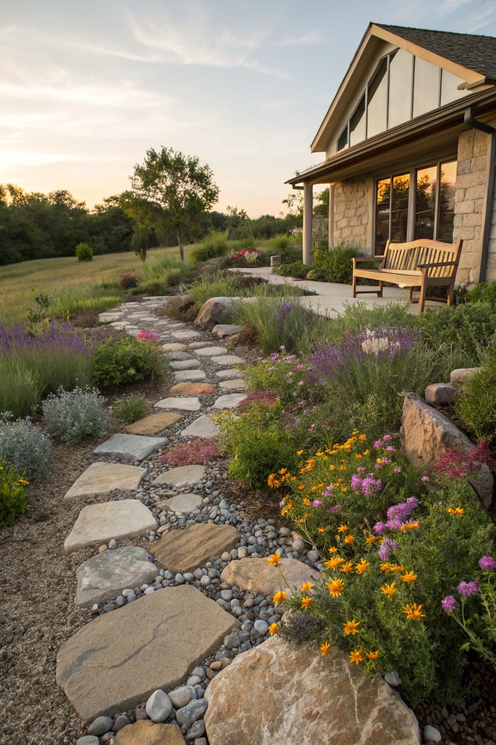 Winding path of irregular flagstone steps set in gravel amid drought-tolerant plants and shrubs, with large boulders nearby, leading to a porch bench on a stone house exterior at dusk.